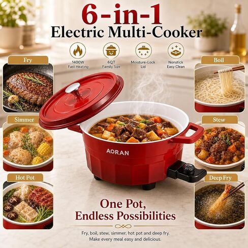 AORAN 6QT Multi-Function Electric Hot Pot Cooker, 1400W Family Hot Pot for Frying, Boiling, Slow Cooking & Stewing, Nonstick Cooking Pot with Temperature Control, Ladle, Skimmer & Spatula in Saudi Arabia