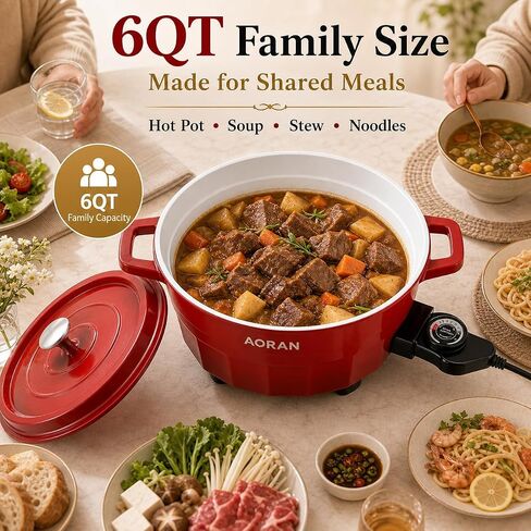 AORAN 6QT Multi-Function Electric Hot Pot Cooker, 1400W Family Hot Pot for Frying, Boiling, Slow Cooking & Stewing, Nonstick Cooking Pot with Temperature Control, Ladle, Skimmer & Spatula in Saudi Arabia