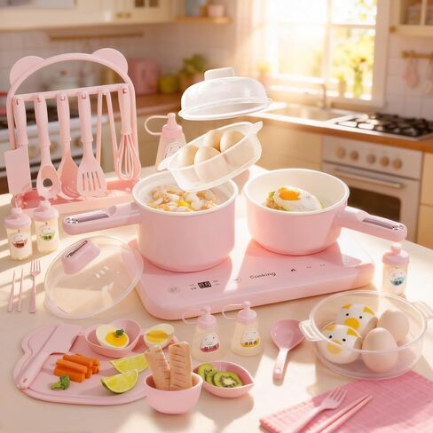 Real Cooking Set with 110V Dual Burner, Mini Kitchen Set (Pink) | Operate Each Burner Separately or Together to Steam, Boil and Heat Two Dishes at Once in Saudi Arabia