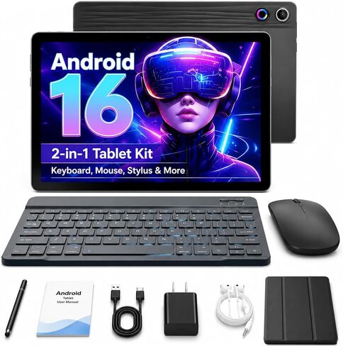 Jeazans Android 16 Tablet 10.1 Inch, 2-in-1 Tablet Bundle with Keyboard, Wireless Mouse, Stylus, Leather Case, Dual Camera, 64GB Storage+1TB Expansion, Portable Laptop for Students & Business in Saudi Arabia
