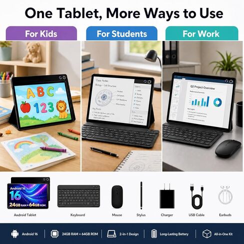 Jeazans Android 16 Tablet 10.1 Inch, 2-in-1 Tablet Bundle with Keyboard, Wireless Mouse, Stylus, Leather Case, Dual Camera, 64GB Storage+1TB Expansion, Portable Laptop for Students & Business in Saudi Arabia