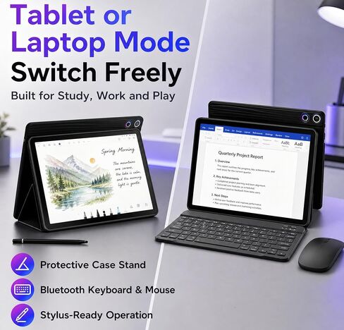 Jeazans Android 16 Tablet 10.1 Inch, 2-in-1 Tablet Bundle with Keyboard, Wireless Mouse, Stylus, Leather Case, Dual Camera, 64GB Storage+1TB Expansion, Portable Laptop for Students & Business in Saudi Arabia