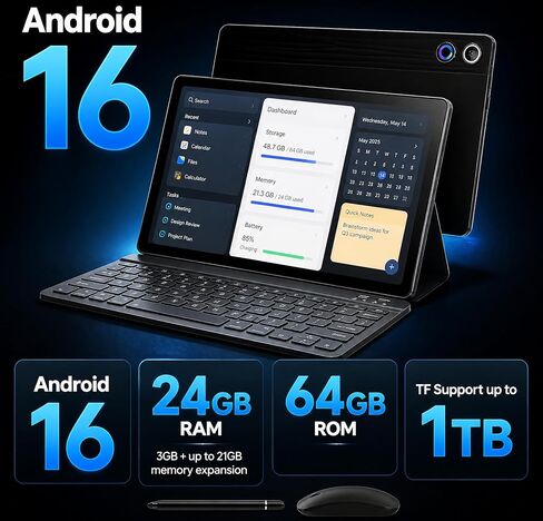 Jeazans Android 16 Tablet 10.1 Inch, 2-in-1 Tablet Bundle with Keyboard, Wireless Mouse, Stylus, Leather Case, Dual Camera, 64GB Storage+1TB Expansion, Portable Laptop for Students & Business in Saudi Arabia