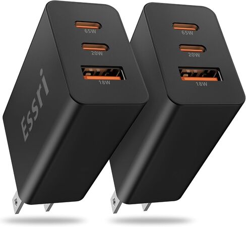 Essri 2-Pack 65W USB C Charger Block، 3-Port PD 3.0 Fast Charging Wall Plug | محول طاقة مع منافذ من النوع C بقدرة 65 وات لهواتف iPhone 17/16/15/14/13 Pro Max، وiPad Pro/Air/Mini، وGalaxy S26 / S25 والمزيد - أبيض in Kuwait