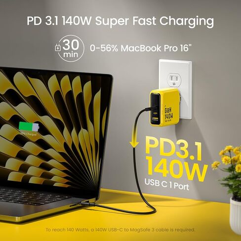 AOHI Youth 140W GaN+ USB C Charger 100W Laptop Fast Charger PD3.1 PPS 3-Port USB C Wall Charger Power Adapter for MacBook Pro 16'', Dell XPS, iPhone 17 Pro Max, iPad Pro, Tablet, Chromebook, Yellow in Kuwait