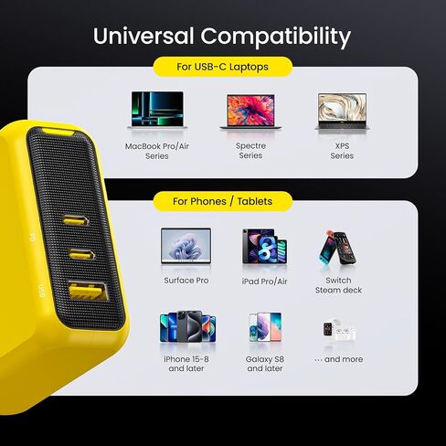 AOHI Youth 140W GaN+ USB C Charger 100W Laptop Fast Charger PD3.1 PPS 3-Port USB C Wall Charger Power Adapter for MacBook Pro 16'', Dell XPS, iPhone 17 Pro Max, iPad Pro, Tablet, Chromebook, Yellow in Saudi Arabia