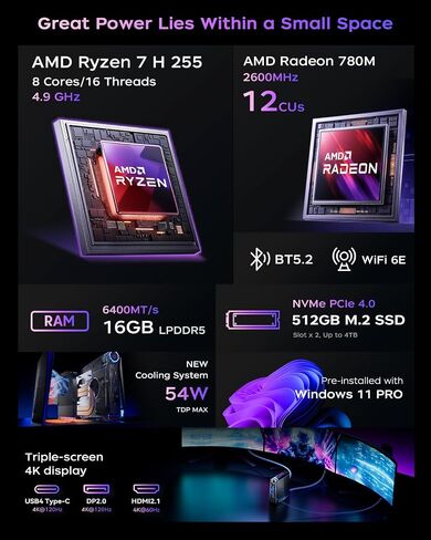 ACEMAGICIAN S3A Mini PC, Ryzen 7 H 255 (Up to 4.9GHz, 8C/16T), Radeon 780M Graphics, 16GB LPDDR5 RAM, 512GB PCIe4.0 SSD, Mini Desktop Computer for Content Creation, Programming, Gaming & Home Office in Saudi Arabia