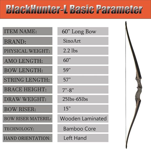 SinoArt 60" Takedown Longbow Archery Wooden Archery Bow Included Fur Rest Pad Stringer Tool Tab String Nocks Right and Left Hand for Hunting or Target(40lbs, Left Hand) in Saudi Arabia