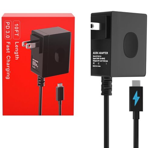 45W PD Fast Charger for Nintendo Switch/OLED/Lite, 10FT Extra Long Power Cord Adapter, Supports TV Dock Mode & Play in Bed, Safe Replacement Wall Charger for Travel in Saudi Arabia