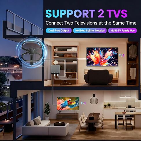 TV Antenna Indoor Outdoor,5300+ Miles Dual TV Digital Antenna,No Cable Fees | HDTV Antenna Smart TV/All Old TVs,360° Reception Local Channels,Waterproof Strongest Amplifier-Support 8K 4K 1080p-38FT Cable in Kuwait