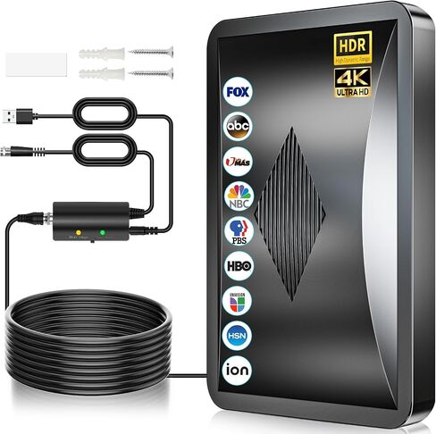 هوائي تلفزيون ذكي 2026 داخلي، نطاق يزيد عن 5000 ميل لقنوات HD المحلية، هوائي رقمي HDTV خارجي مع معزز إشارة مضخم، متوافق مع جميع أجهزة التلفاز - كابل محوري بطول 38 قدم in Kuwait