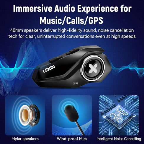 LEXIN G1 Motorcycle Bluetooth Headset, 40mm Helmet Speakers, Dual Mics | Hands-Free Calls, Music & GPS, IP67 Waterproof, 800mAh Battery, 4 Interchangeable Faceplates, Universal Helmet Fit in Saudi Arabia