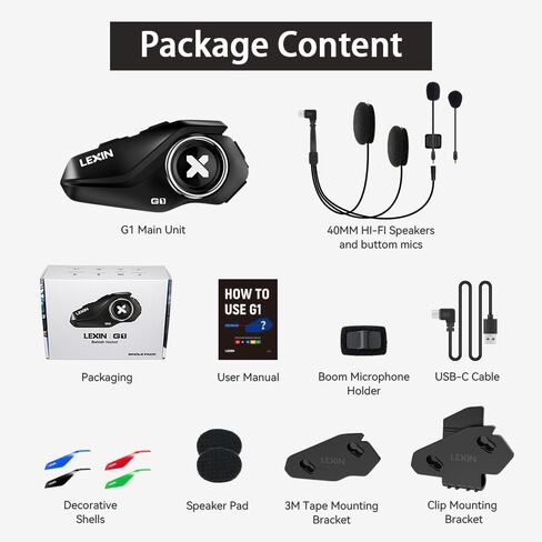 LEXIN G1 Motorcycle Bluetooth Headset, 40mm Helmet Speakers, Dual Mics | Hands-Free Calls, Music & GPS, IP67 Waterproof, 800mAh Battery, 4 Interchangeable Faceplates, Universal Helmet Fit in Saudi Arabia
