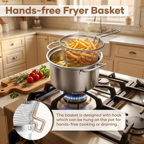 OPENICE Deep Fryer Pot with Basket, Lid, Splatter Guard, 6.3QT/6.0L | Stainless Steel Frying Pot for Stove Top Frying, Boiling, Outdoor Camping | Compact Design for Easy Cabinet Storage in Saudi Arabia