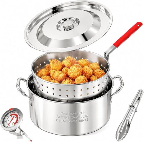 10QT Fish Fryer Pot with Basket, Lid & Tongs, Alumuinum Frying Pot | Deep Fryer Pot with Thermometer, For Fish, Chicken Wings & French Fries, Open Flame Only in Saudi Arabia
