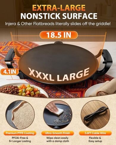 Ethiopian 18.5" Injera Maker Mitad (Mogogo), Electric Griddle with Adjustable Temperature & Time, Non-Stick Surface for Norwegian Lefse, Swedish Pancake, Indian Dosa, Digital Handle in Saudi Arabia