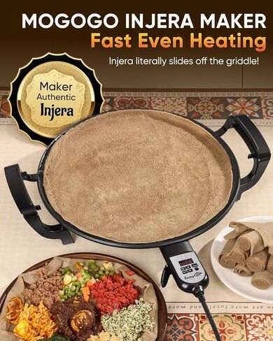 Ethiopian 18.5" Injera Maker Mitad (Mogogo), Electric Griddle with Adjustable Temperature & Time, Non-Stick Surface for Norwegian Lefse, Swedish Pancake, Indian Dosa, Digital Handle in Saudi Arabia