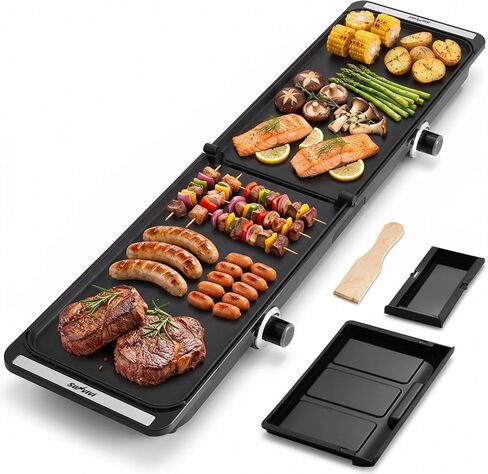 SUNVIVPRO 38" x 11" Foldable Electric Griddle with 2 Cooking Zones | 1700W XL Electric Griddle with Nonstick Plates & Drip Tray, 150-450℉ Adjustable Temp, Ideal for Family Parties & BBQ, Black in Saudi Arabia
