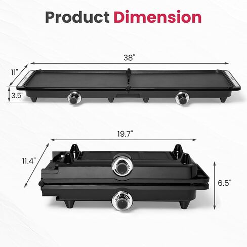 SUNVIVPRO 38" x 11" Foldable Electric Griddle with 2 Cooking Zones | 1700W XL Electric Griddle with Nonstick Plates & Drip Tray, 150-450℉ Adjustable Temp, Ideal for Family Parties & BBQ, Black in Saudi Arabia