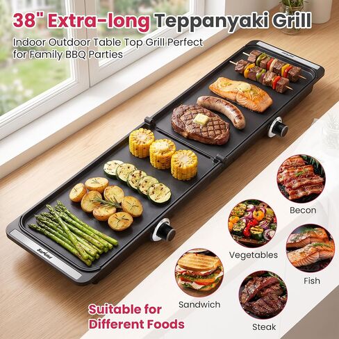 SUNVIVPRO 38" x 11" Foldable Electric Griddle with 2 Cooking Zones | 1700W XL Electric Griddle with Nonstick Plates & Drip Tray, 150-450℉ Adjustable Temp, Ideal for Family Parties & BBQ, Black in Saudi Arabia