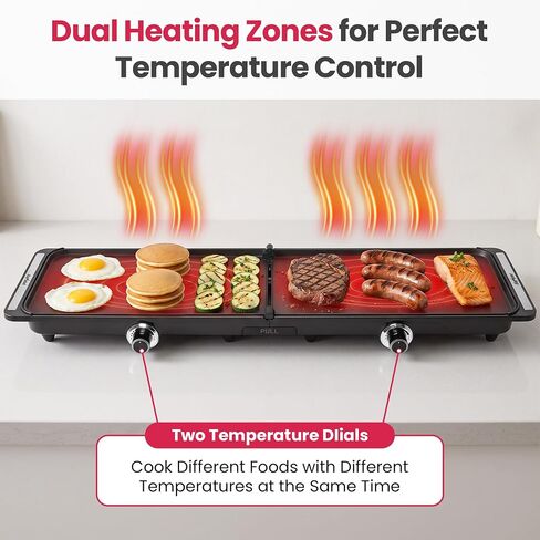 SUNVIVPRO 38" x 11" Foldable Electric Griddle with 2 Cooking Zones | 1700W XL Electric Griddle with Nonstick Plates & Drip Tray, 150-450℉ Adjustable Temp, Ideal for Family Parties & BBQ, Black in Saudi Arabia