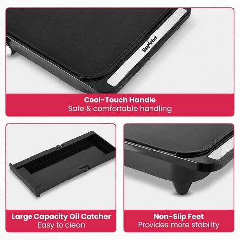 SUNVIVPRO 38" x 11" Foldable Electric Griddle with 2 Cooking Zones | 1700W XL Electric Griddle with Nonstick Plates & Drip Tray, 150-450℉ Adjustable Temp, Ideal for Family Parties & BBQ, Black in Saudi Arabia