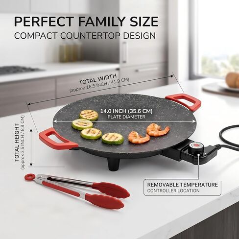 Electric Indoor Grill Nonstick, 14" Round Electric Griddle with Adjustable Temperature Control,for Pan Searing Steaks, Breakfast, BBQ & Family Meals, Bonus Spatula,Oil Brush & Food Tongs in Saudi Arabia