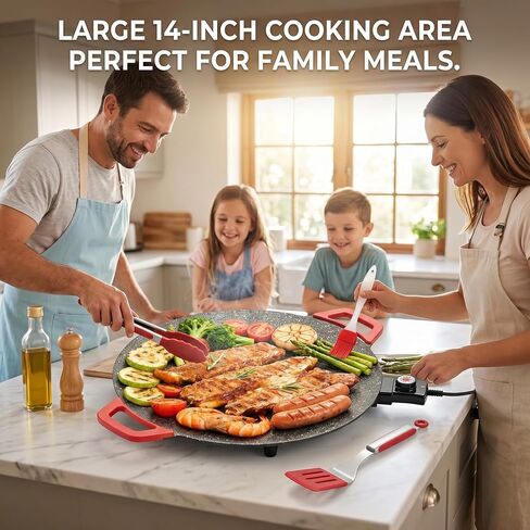 Electric Indoor Grill Nonstick, 14" Round Electric Griddle with Adjustable Temperature Control,for Pan Searing Steaks, Breakfast, BBQ & Family Meals, Bonus Spatula,Oil Brush & Food Tongs in Saudi Arabia
