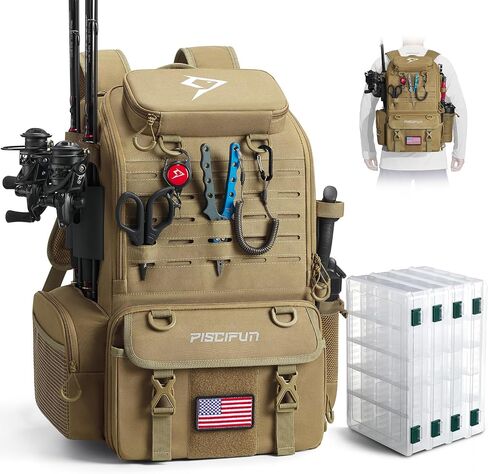 Piscifun 52L Fishing Tackle Backpack, 17 Pockets, Rod Holders & 4 Boxes | 52L, 17 compartments, 4 tackle boxes, Rain cover, Breathable support in Saudi Arabia