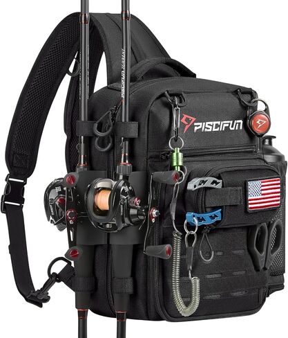 Piscifun Fishing Tackle Backpack, 3-Way Carry with Rod Holders | 16 smart pockets, 2 rod holders, Rain cover, Breathable back support, Convertible sling/waist/backpack carry in Saudi Arabia