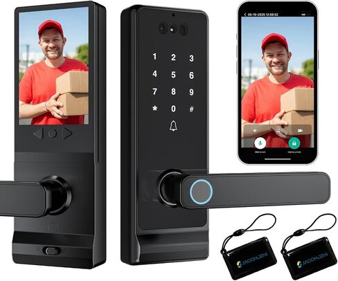 Smart Lock with Camera, Doorbell, Lever Handle, Screen for Front Door | Face, Palm Vein, Fingerprint & Keypad Entry, Video Doorbell, 2-Way Audio, WiFi, Live View, Night Vision, IP65, 2 Batteries in Saudi Arabia
