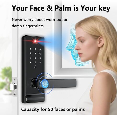 Smart Lock with Camera, Doorbell, Lever Handle, Screen for Front Door | Face, Palm Vein, Fingerprint & Keypad Entry, Video Doorbell, 2-Way Audio, WiFi, Live View, Night Vision, IP65, 2 Batteries in Saudi Arabia