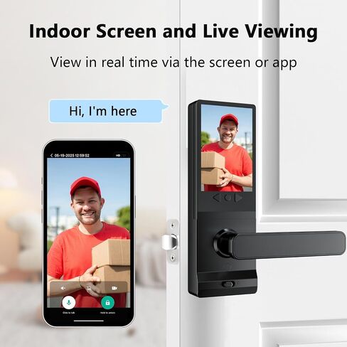 Smart Lock with Camera, Doorbell, Lever Handle, Screen for Front Door | Face, Palm Vein, Fingerprint & Keypad Entry, Video Doorbell, 2-Way Audio, WiFi, Live View, Night Vision, IP65, 2 Batteries in Saudi Arabia