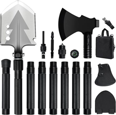 GOJAWAY 55" Camping Shovel & Axe Combo, 20 in 1 Multi Tool, Survival Kit | 3CR13 Stainless Steel, 3-Angle Shovel, Axe, Saw, Fire Starter, Compass, Whistle, Rope, 55" Rods, for Outdoor & Emergency Use in Saudi Arabia
