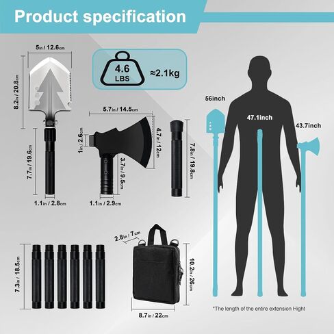 GOJAWAY 55" Camping Shovel & Axe Combo, 20 in 1 Multi Tool, Survival Kit | 3CR13 Stainless Steel, 3-Angle Shovel, Axe, Saw, Fire Starter, Compass, Whistle, Rope, 55" Rods, for Outdoor & Emergency Use in Saudi Arabia