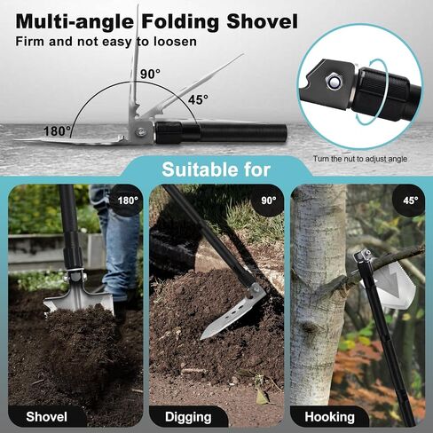 GOJAWAY 55" Camping Shovel & Axe Combo, 20 in 1 Multi Tool, Survival Kit | 3CR13 Stainless Steel, 3-Angle Shovel, Axe, Saw, Fire Starter, Compass, Whistle, Rope, 55" Rods, for Outdoor & Emergency Use in Saudi Arabia