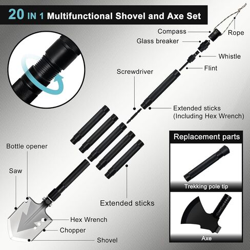 GOJAWAY 55" Camping Shovel & Axe Combo, 20 in 1 Multi Tool, Survival Kit | 3CR13 Stainless Steel, 3-Angle Shovel, Axe, Saw, Fire Starter, Compass, Whistle, Rope, 55" Rods, for Outdoor & Emergency Use in Saudi Arabia