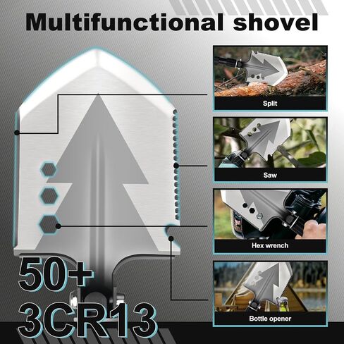 GOJAWAY 55" Camping Shovel & Axe Combo, 20 in 1 Multi Tool, Survival Kit | 3CR13 Stainless Steel, 3-Angle Shovel, Axe, Saw, Fire Starter, Compass, Whistle, Rope, 55" Rods, for Outdoor & Emergency Use in Saudi Arabia