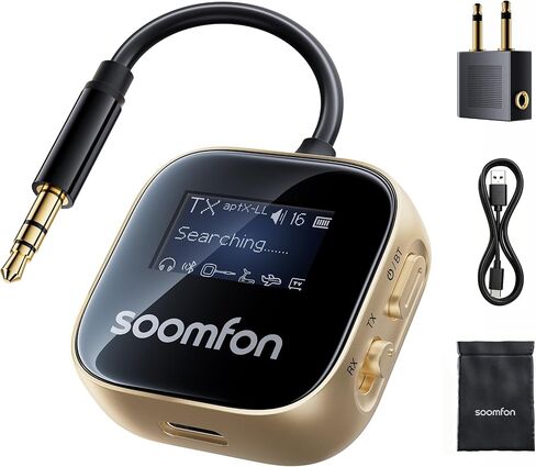 SOOMFON aptX-LL Bluetooth 5.3 Transmitter Receiver for TV to 2 Headphones | Airplane Bluetooth Adapter Low Latency with LCD Display 3.5mm for Plane Flying Gym Car Home Stereo System 23H Long Playtime in Saudi Arabia