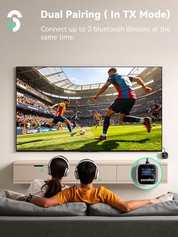 SOOMFON aptX-LL Bluetooth 5.3 Transmitter Receiver for TV to 2 Headphones | Airplane Bluetooth Adapter Low Latency with LCD Display 3.5mm for Plane Flying Gym Car Home Stereo System 23H Long Playtime in Saudi Arabia