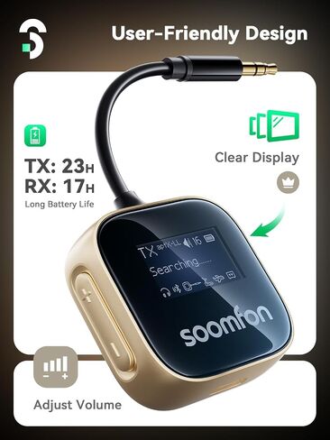 SOOMFON aptX-LL Bluetooth 5.3 Transmitter Receiver for TV to 2 Headphones | Airplane Bluetooth Adapter Low Latency with LCD Display 3.5mm for Plane Flying Gym Car Home Stereo System 23H Long Playtime in Saudi Arabia
