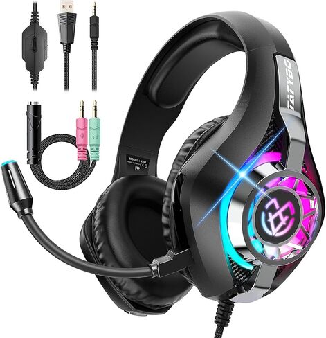 Tatybo Gaming Headset for PS5 PC, Noise Canceling Mic, RGB, Black Blue | Over Ear, Deep Bass Stereo Sound for FPS, Battle Royale, Lightweight Headset for Xbox, PS4, Mobile, Nintendo, 3.5mm devices in Saudi Arabia
