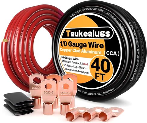1/0 Battery Cable 0 Gauge Wire 40FT Copper Clad Aluminum Amp Wiring Kit- Automotive Power Ground Cable for Car Audio,RV Truck with Pure Copper Lugs & Heat Shrink Tube - Black/Red in Kuwait