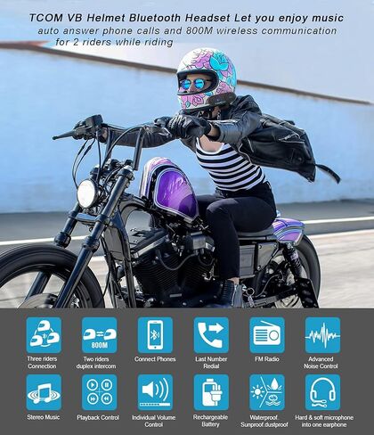 FreedConn Motorcycle Bluetooth Headset, TCOM VB 2-Way 800M Helmet Communication Systems,Motorbike Bluetooth Intercom, intercomunicador para motos/FM/BT5.0/Siri/2 in 1 Mic for full/3/4 Helmet(2Pack) | 800M Helmet Communication Systems, Bluetooth 5.0, FM Ra in Saudi Arabia
