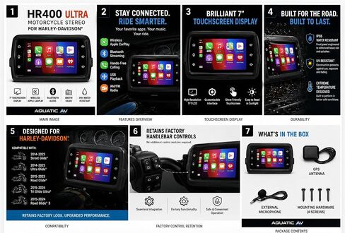 Aquatic AV Ultra HR400 Factory Direct Replacement, Plug & Play, 7" Color TFT-LCD, Apple CarPlay, AM/FM, Bluetooth, GPS, Camera - for Harley Davidson 2014-24 Ultra, Glide Models in Saudi Arabia