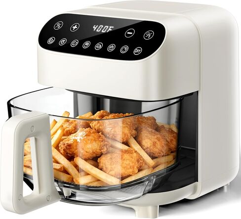 Kismile 5QT Glass Air Fryer, Non Toxic AirFryer with Digital Touch Control | BPA-Free, 1500W, Portable, Dishwasher Safe Basket, Up to 400°F, 95% Less Oil Cooking, White in Kuwait