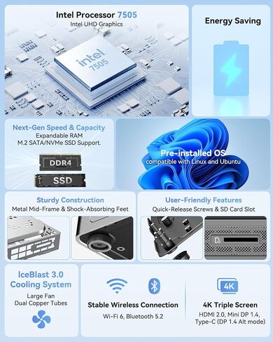 GEEKOM Air12 Mini PC, Intel 7505, 8GB Dual-Slot Upgradeable RAM, 256GB SSD | Business & WFH, Triple 4K Display, 8K Output, WiFi 6, SD Card Slot, 3-Year Warranty, Slim Design Desktop Computer in Saudi Arabia