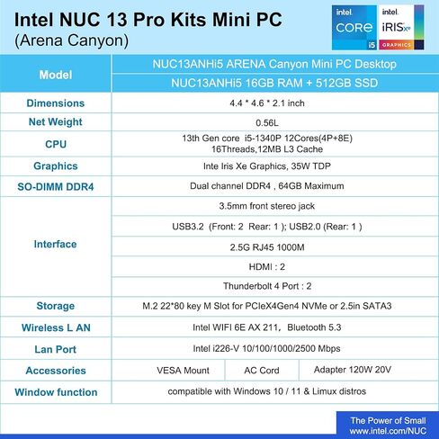 ASUS NUC 13 Pro، Intel NUC 13 Pro NUC13ANHi5 كمبيوتر صغير، ذاكرة الوصول العشوائي 16 جيجابايت، 512 جيجابايت SSD | جهاز كمبيوتر NUC 13 متعدد الاستخدامات مع معالج Core i5-1340 (12Core وما يصل إلى 4.6 جيجا هرتز، Intel Iris Xe Graphics)، يدعم 4K/WiFi6E/BT5.3/W in Kuwait