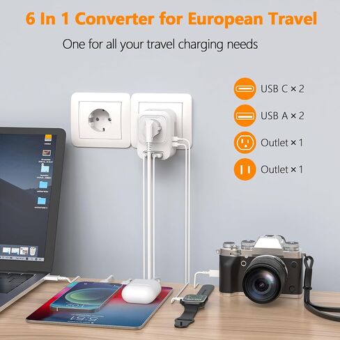 220V to 110V Voltage Converter US to Europe with 2 USB A 2 USB C Fast Charging, Power Converter for European Travel International Universal Travel Adapter for France Italy Germany Spain in Kuwait