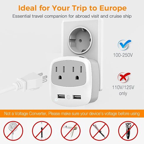 TESSAN European Travel Plug Adapter Converter | International Power Plug Converter, 2 USB Ports, Type C Outlet, US to Most of Europe EU Iceland Spain Italy France Germany in Kuwait